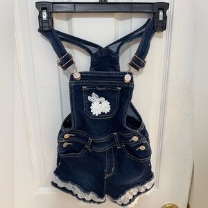 Jordache Dark Blue Denim Short Overalls with White Lace & Floral Applique